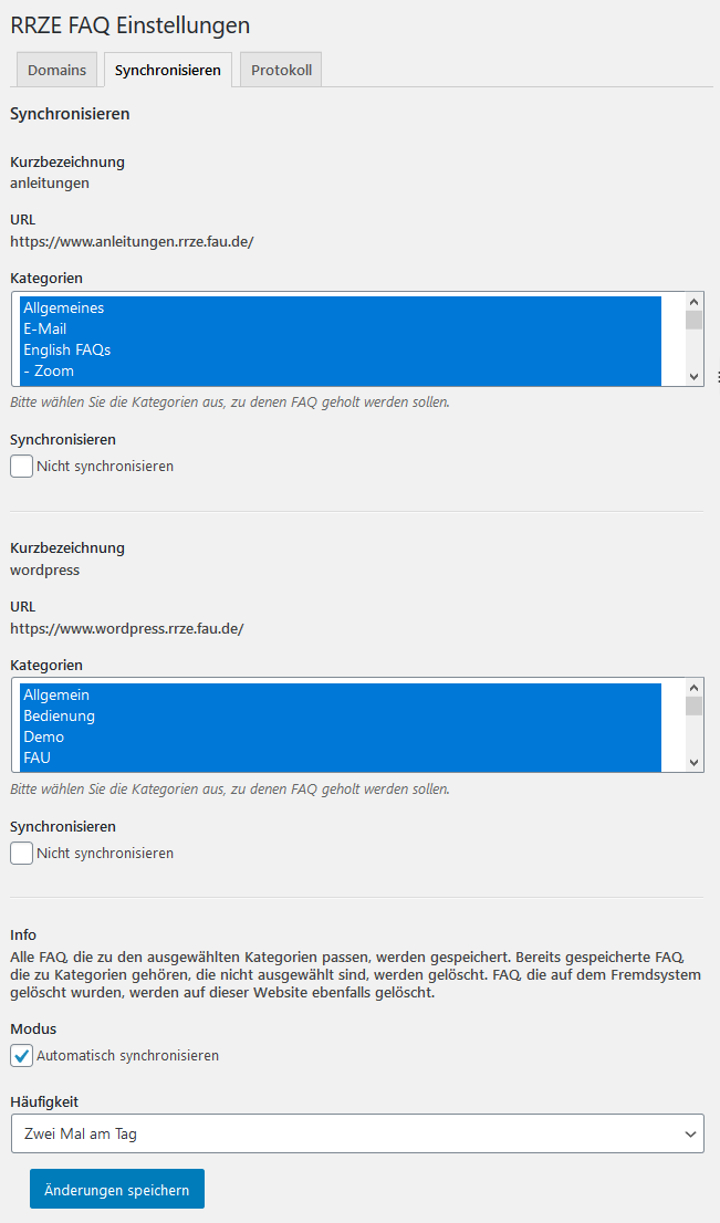 FAQ Einstellungsseite Synchronisation