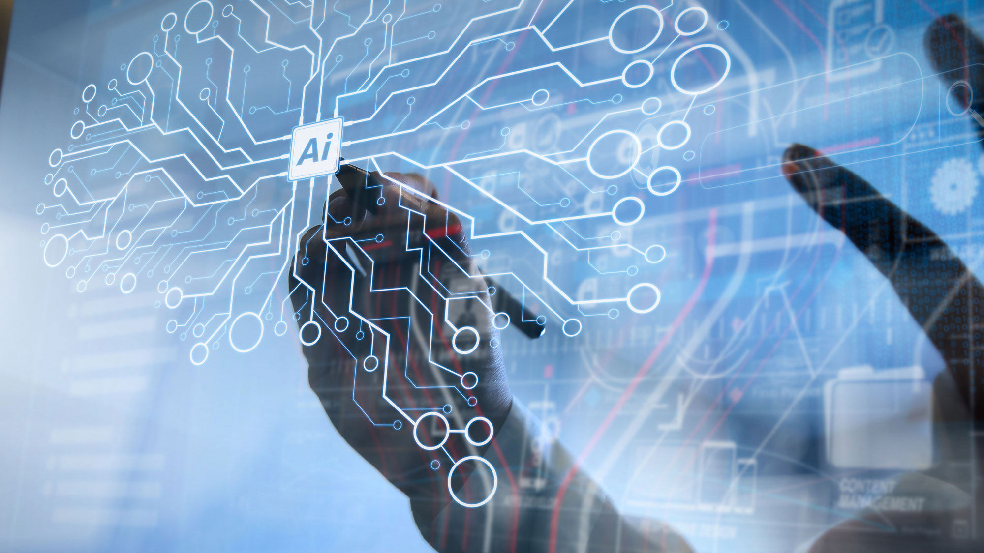 Hand auf Bildschrim mit AI-Modell